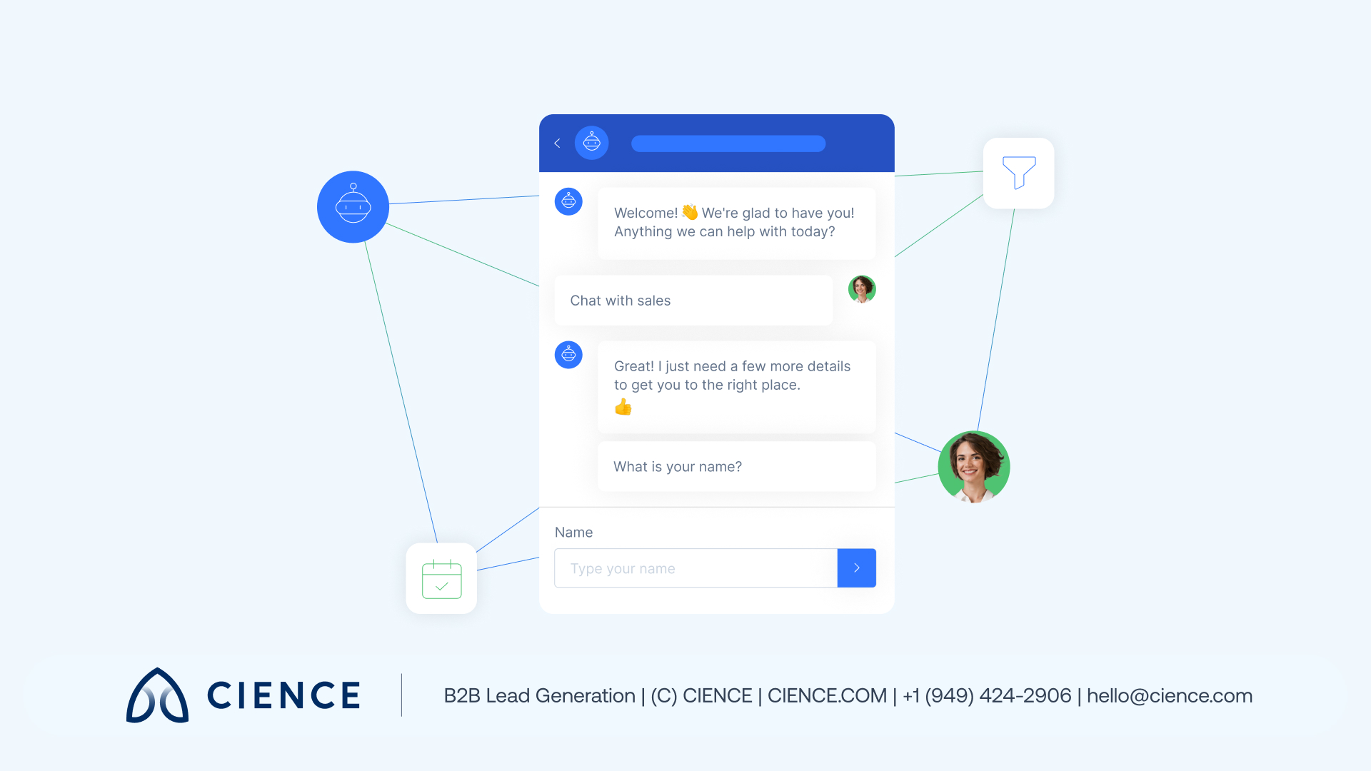 CIENCE GO Chat interface with human agent handoff feature for B2B lead generation